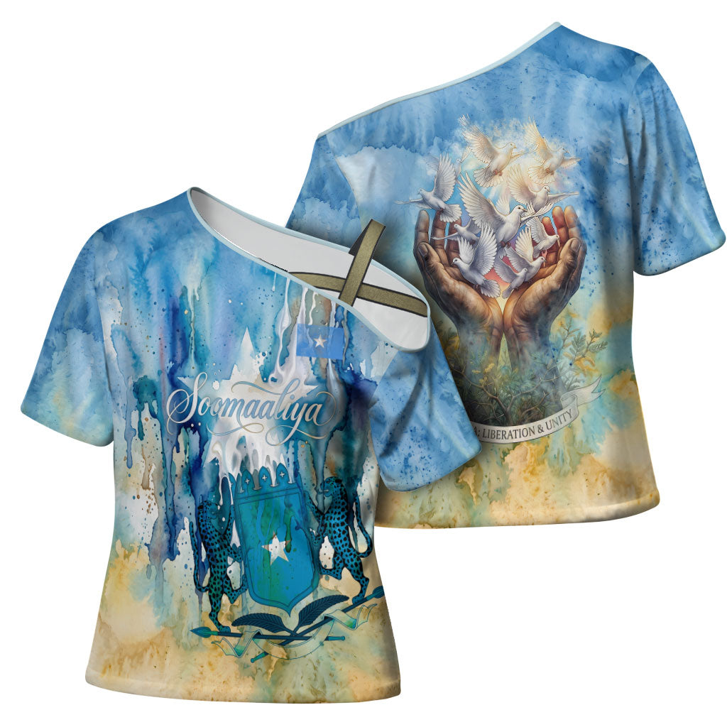 Somalia Liberation Unity Cross Shoulder Shirt Soomaaliya Script Peace Dove Watercolor