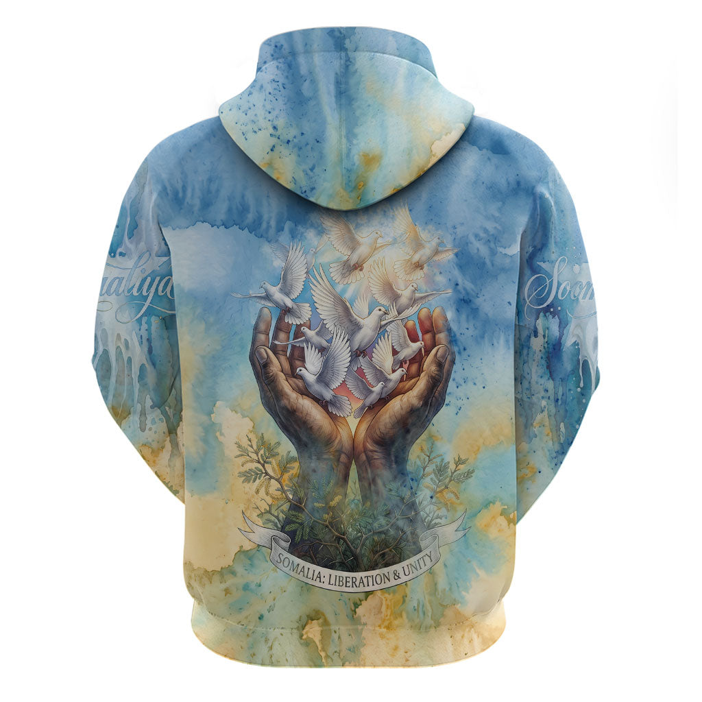 Somalia Liberation Unity Hoodie Soomaaliya Script Peace Dove Watercolor
