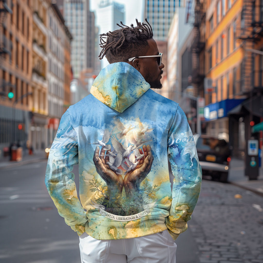 Somalia Liberation Unity Hoodie Soomaaliya Script Peace Dove Watercolor