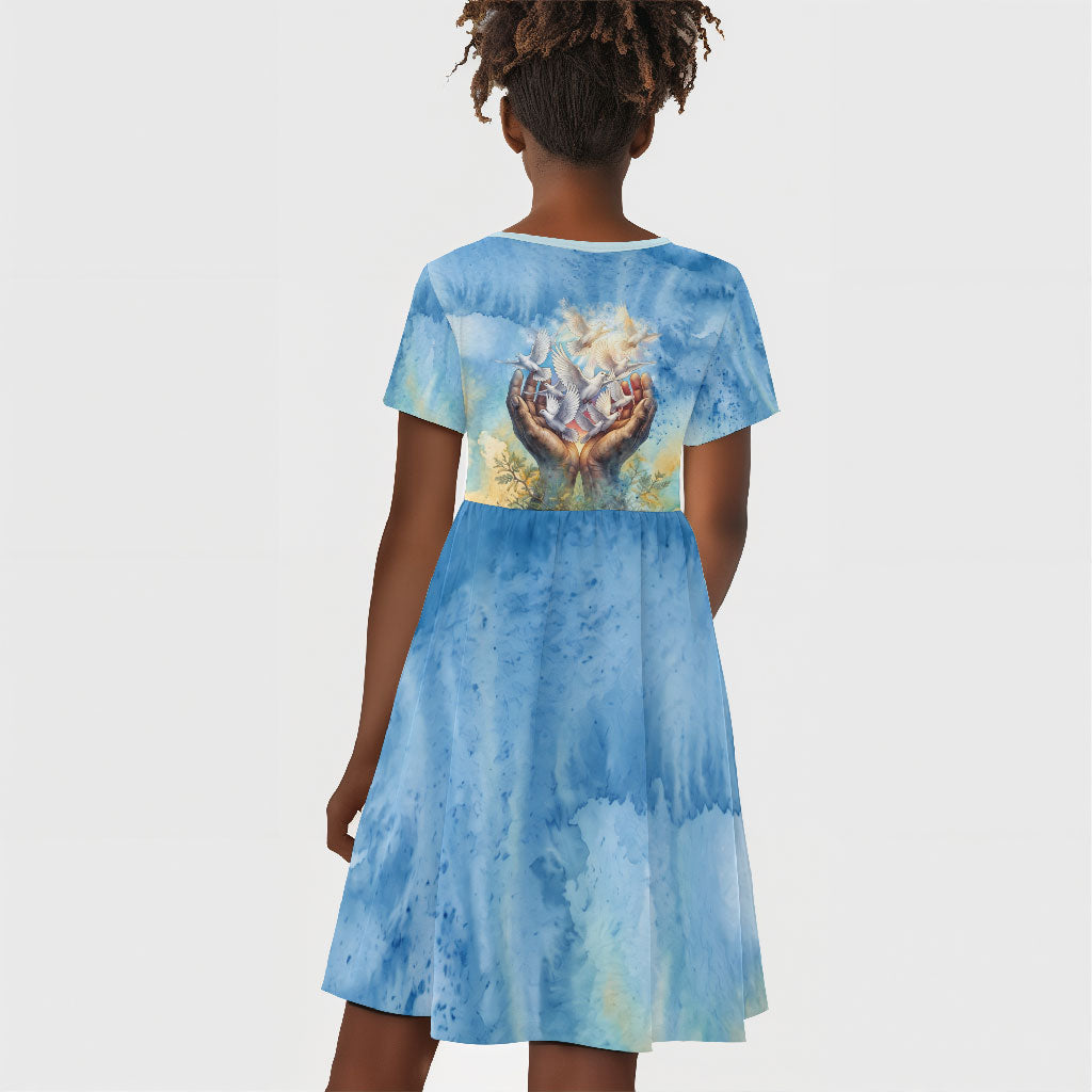 Somalia Liberation Unity Kid Short Sleeve Dress Soomaaliya Script Peace Dove Watercolor