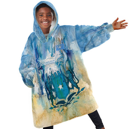 Somalia Liberation Unity Kid Wearable Blanket Hoodie Soomaaliya Script Peace Dove Watercolor