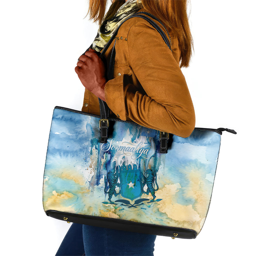 Somalia Liberation Unity Leather Tote Bag Soomaaliya Script Peace Dove Watercolor