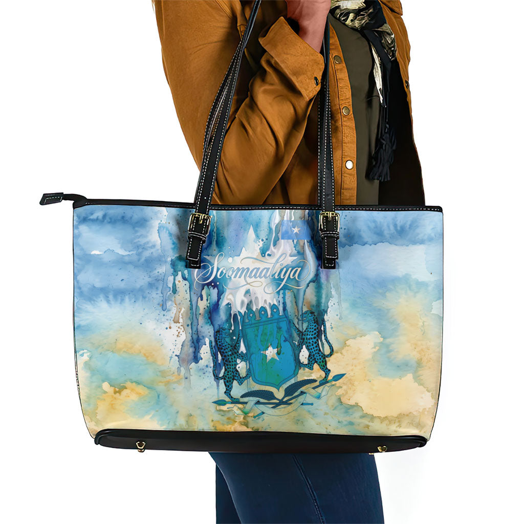 Somalia Liberation Unity Leather Tote Bag Soomaaliya Script Peace Dove Watercolor