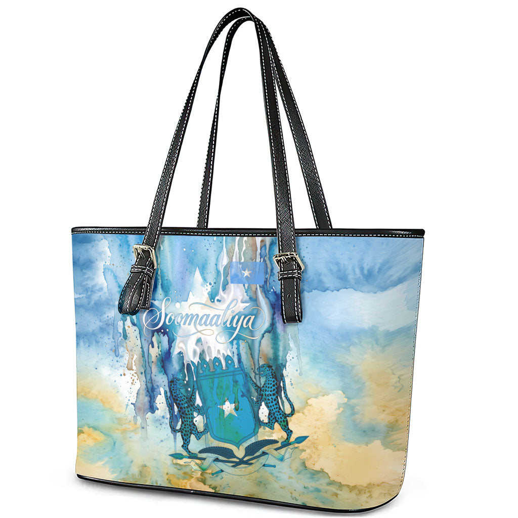 Somalia Liberation Unity Leather Tote Bag Soomaaliya Script Peace Dove Watercolor