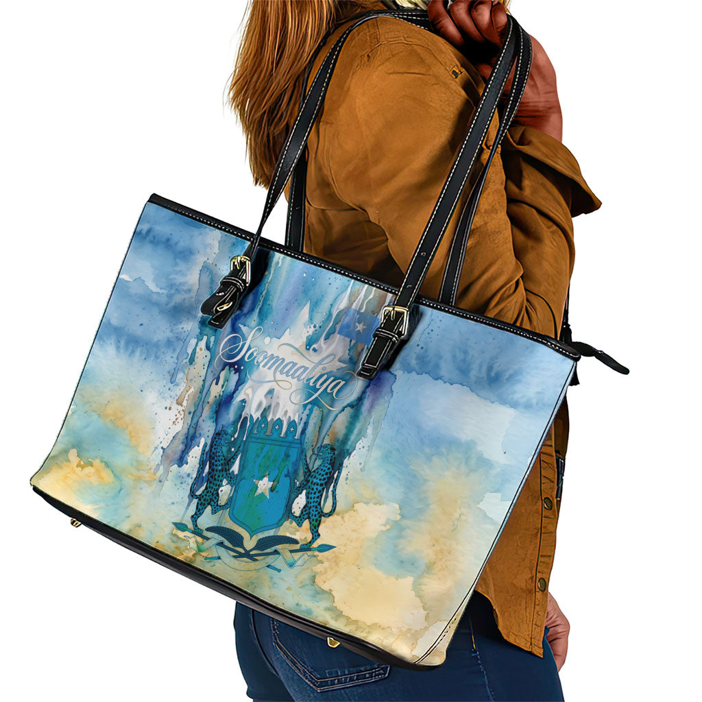 Somalia Liberation Unity Leather Tote Bag Soomaaliya Script Peace Dove Watercolor