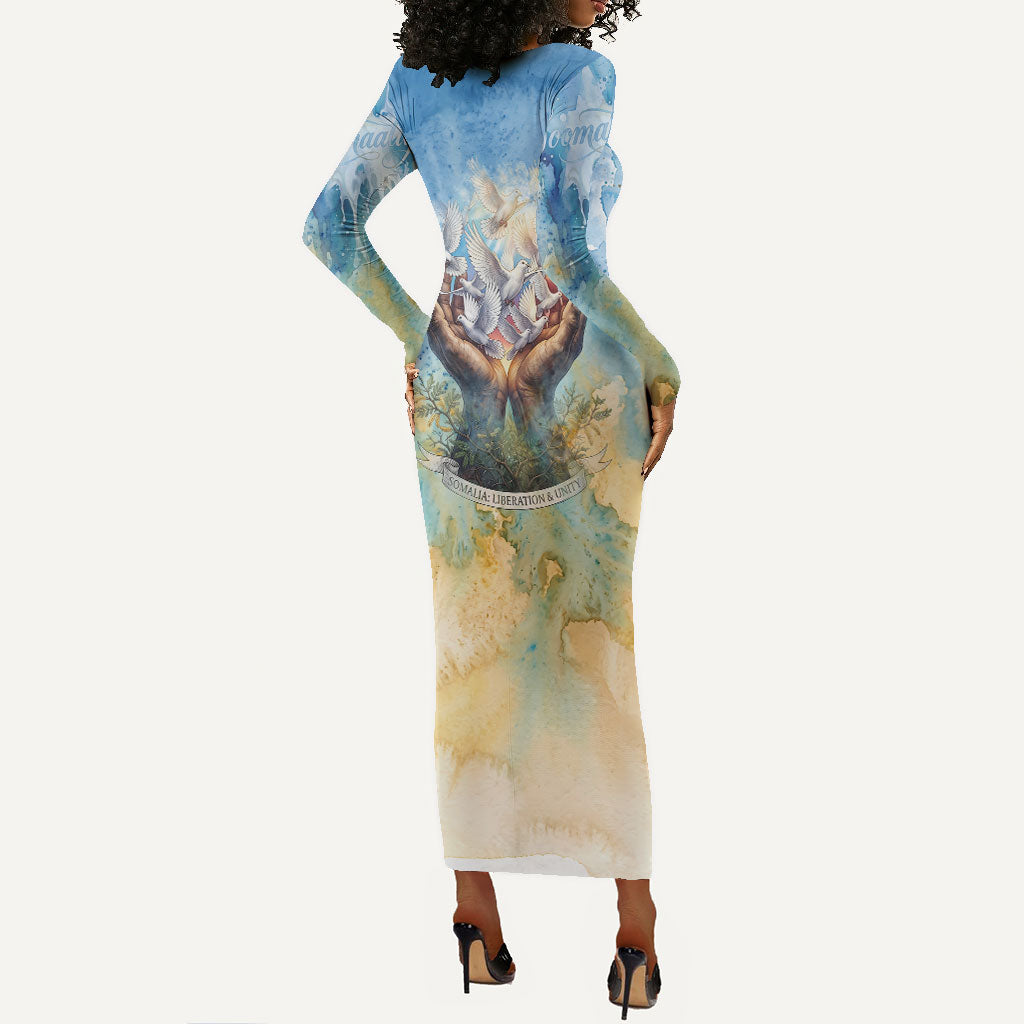 Somalia Liberation Unity Long Sleeve Bodycon Dress Soomaaliya Script Peace Dove Watercolor