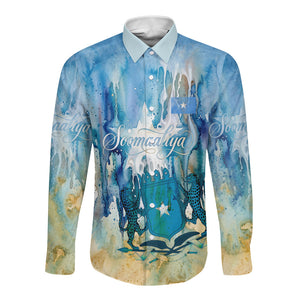 Somalia Liberation Unity Long Sleeve Button Shirt Soomaaliya Script Peace Dove Watercolor