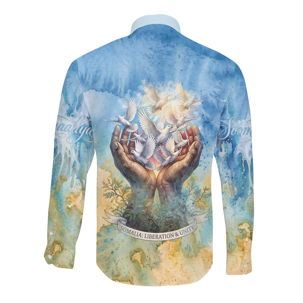 Somalia Liberation Unity Long Sleeve Button Shirt Soomaaliya Script Peace Dove Watercolor