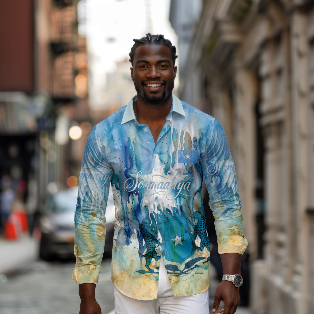 Somalia Liberation Unity Long Sleeve Button Shirt Soomaaliya Script Peace Dove Watercolor