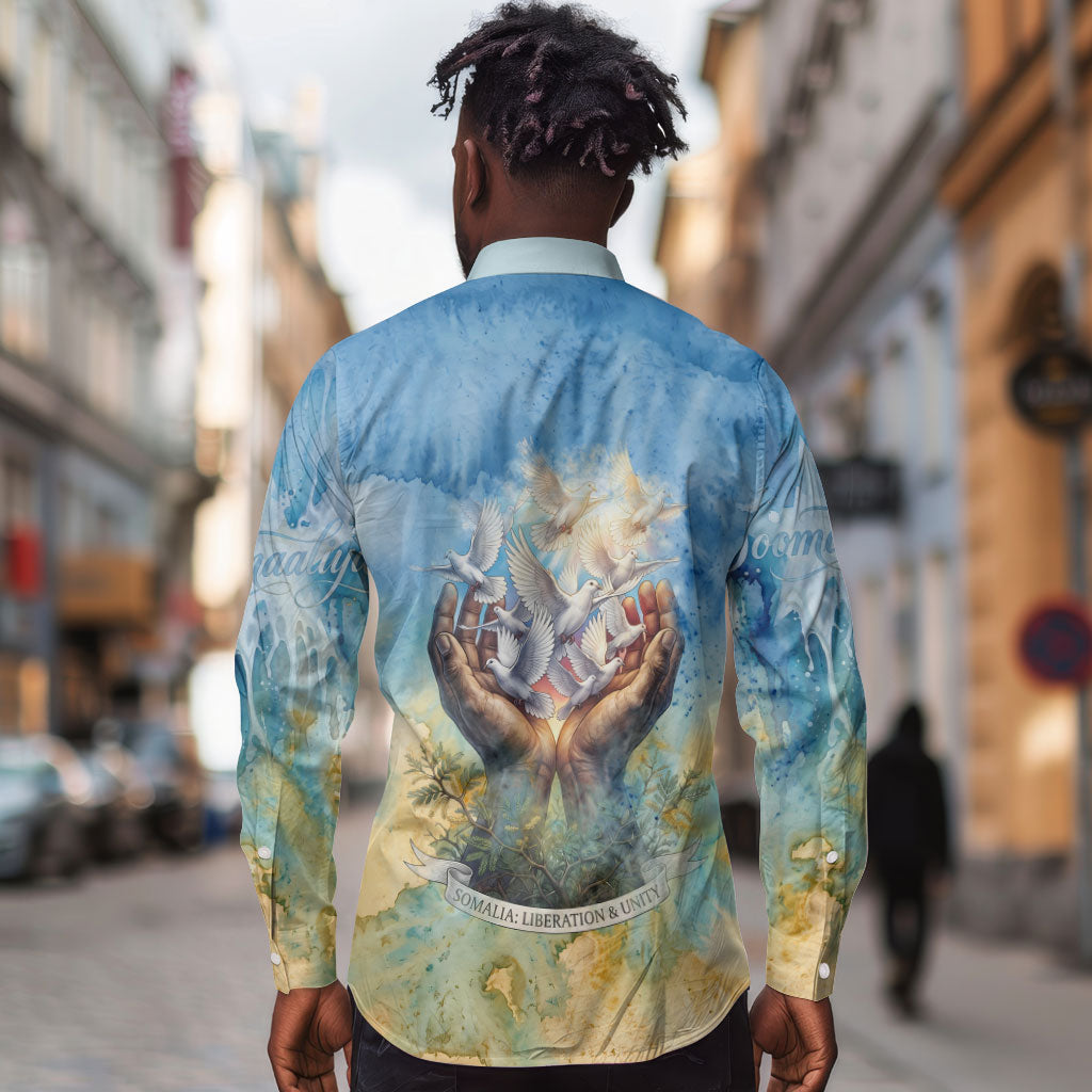 Somalia Liberation Unity Long Sleeve Button Shirt Soomaaliya Script Peace Dove Watercolor