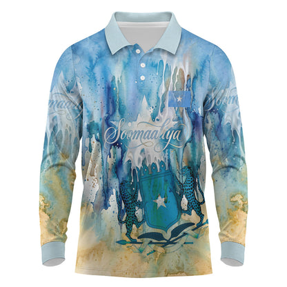 Somalia Liberation Unity Long Sleeve Polo Shirt Soomaaliya Script Peace Dove Watercolor