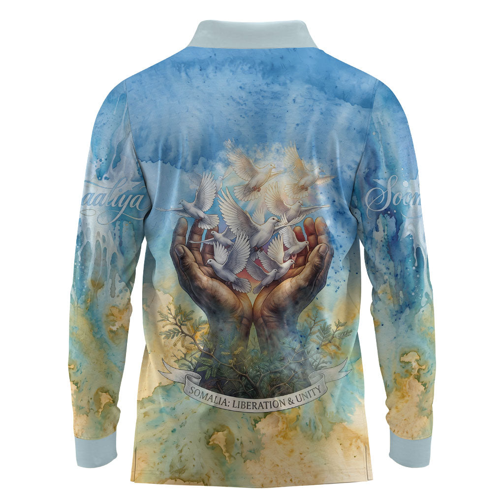 Somalia Liberation Unity Long Sleeve Polo Shirt Soomaaliya Script Peace Dove Watercolor