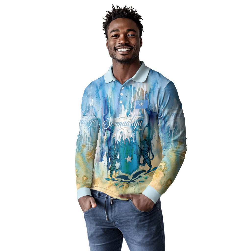 Somalia Liberation Unity Long Sleeve Polo Shirt Soomaaliya Script Peace Dove Watercolor