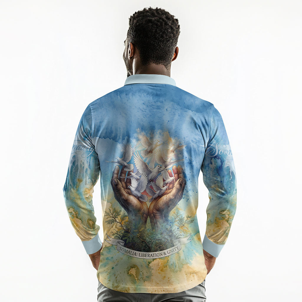 Somalia Liberation Unity Long Sleeve Polo Shirt Soomaaliya Script Peace Dove Watercolor