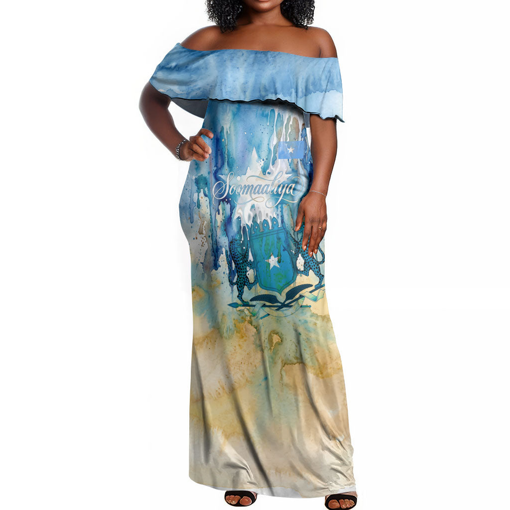 Somalia Liberation Unity Off Shoulder Maxi Dress Soomaaliya Script Peace Dove Watercolor