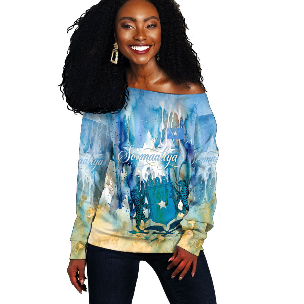 Somalia Liberation Unity Off Shoulder Sweater Soomaaliya Script Peace Dove Watercolor
