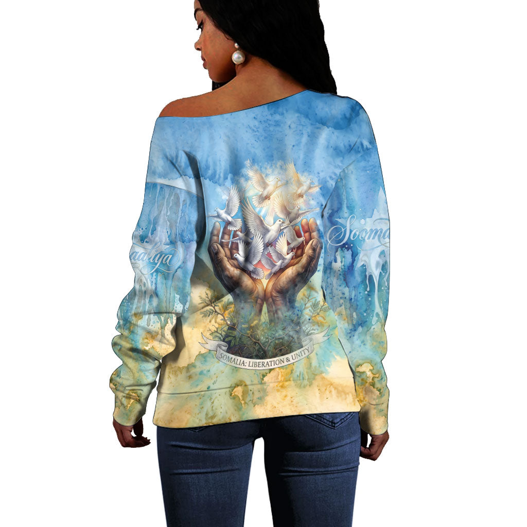 Somalia Liberation Unity Off Shoulder Sweater Soomaaliya Script Peace Dove Watercolor