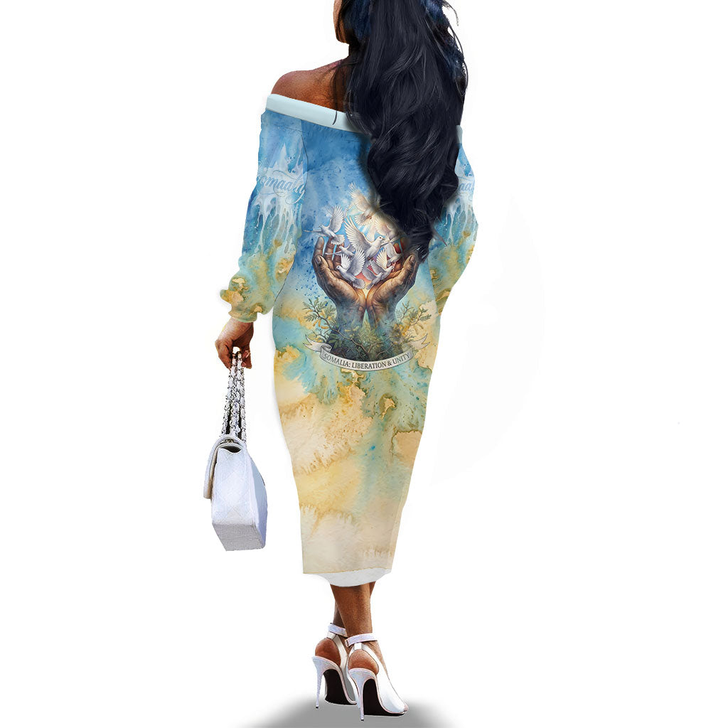 Somalia Liberation Unity Off The Shoulder Long Sleeve Dress Soomaaliya Script Peace Dove Watercolor