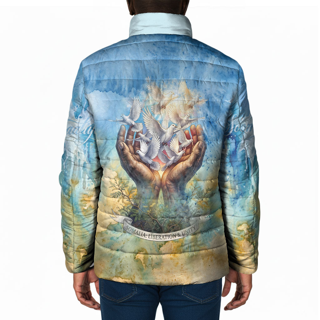 Somalia Liberation Unity Padded Jacket Soomaaliya Script Peace Dove Watercolor
