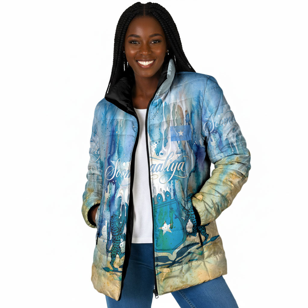 Somalia Liberation Unity Padded Jacket Soomaaliya Script Peace Dove Watercolor