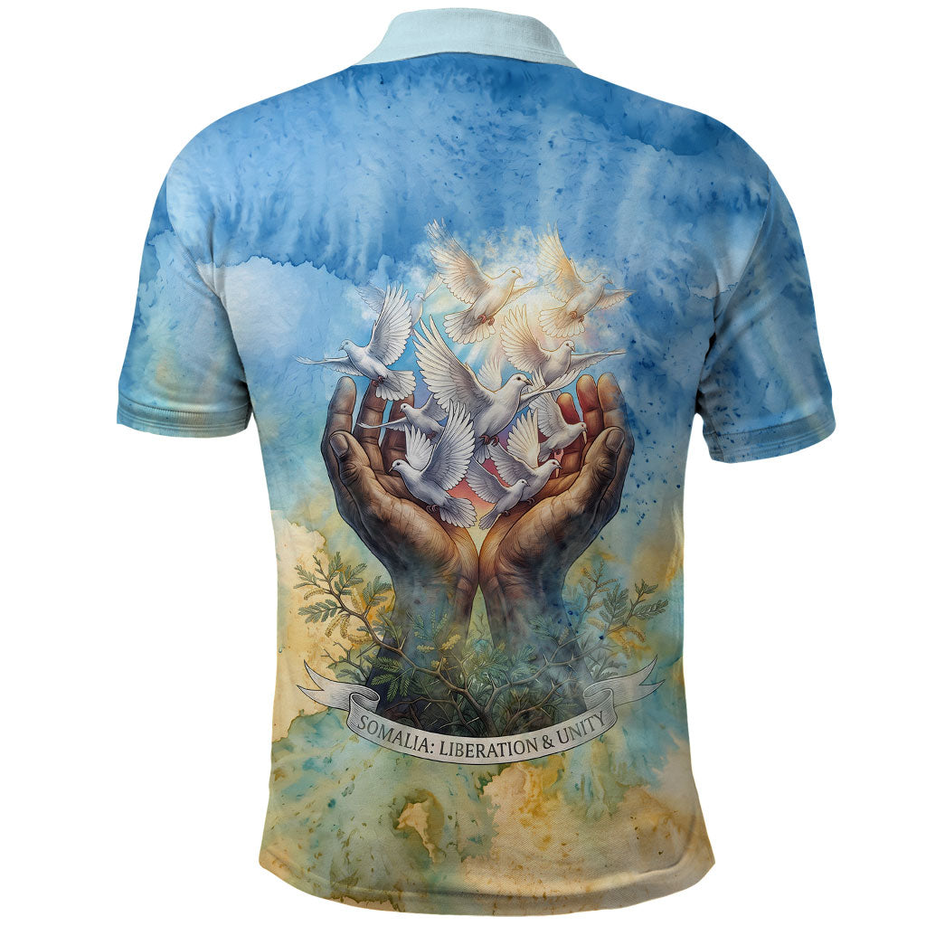 Somalia Liberation Unity Polo Shirt Soomaaliya Script Peace Dove Watercolor
