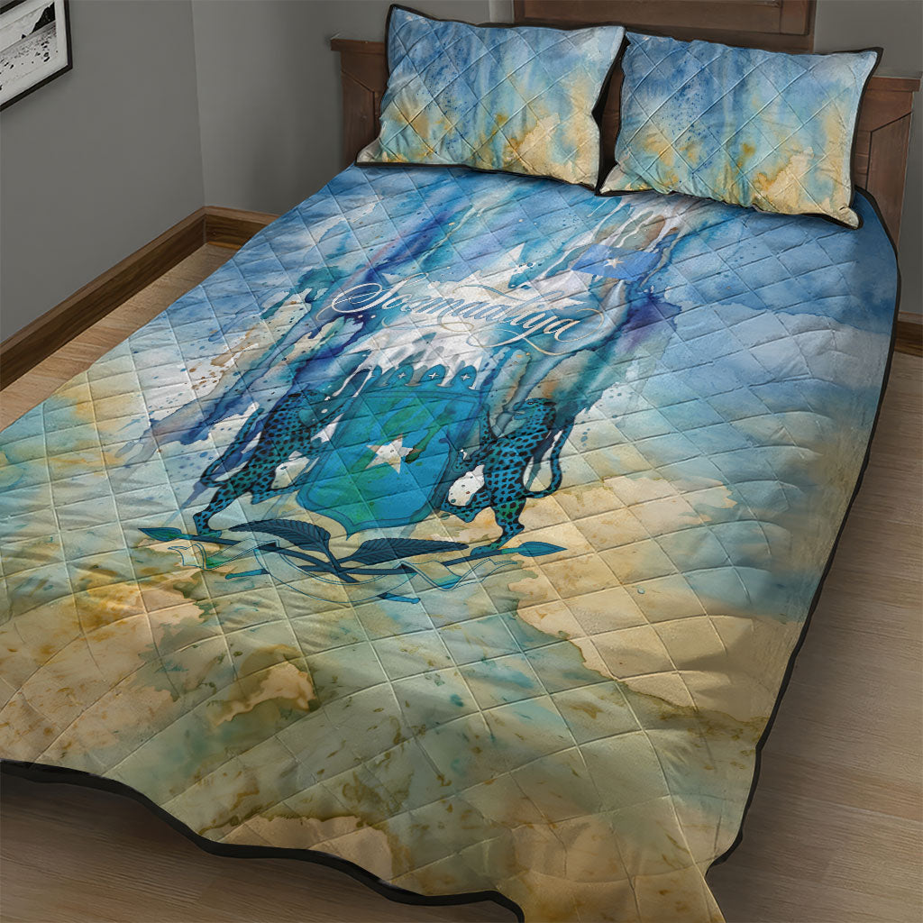 Somalia Liberation Unity Quilt Bed Set Soomaaliya Script Peace Dove Watercolor
