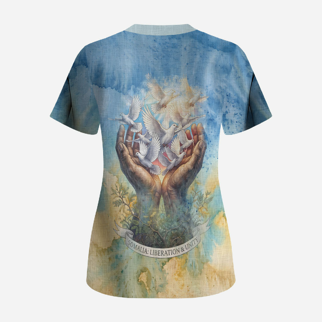 Somalia Liberation Unity Scrub Top Soomaaliya Script Peace Dove Watercolor