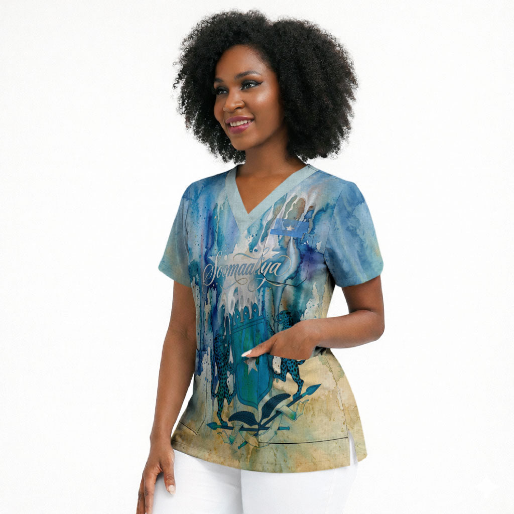 Somalia Liberation Unity Scrub Top Soomaaliya Script Peace Dove Watercolor