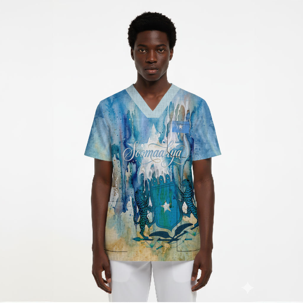 Somalia Liberation Unity Scrub Top Soomaaliya Script Peace Dove Watercolor