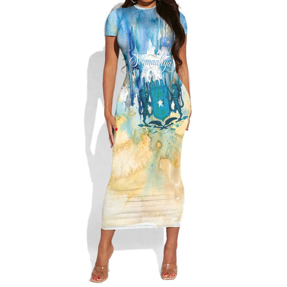 Somalia Liberation Unity Short Sleeve Bodycon Dress Soomaaliya Script Peace Dove Watercolor