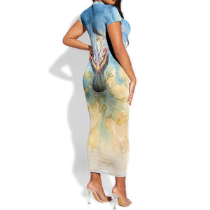 Somalia Liberation Unity Short Sleeve Bodycon Dress Soomaaliya Script Peace Dove Watercolor