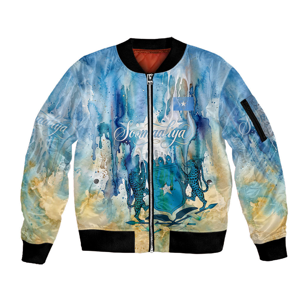 Somalia Liberation Unity Sleeve Zip Bomber Jacket Soomaaliya Script Peace Dove Watercolor