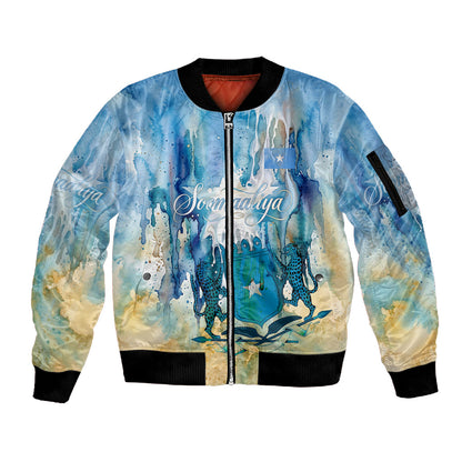 Somalia Liberation Unity Sleeve Zip Bomber Jacket Soomaaliya Script Peace Dove Watercolor