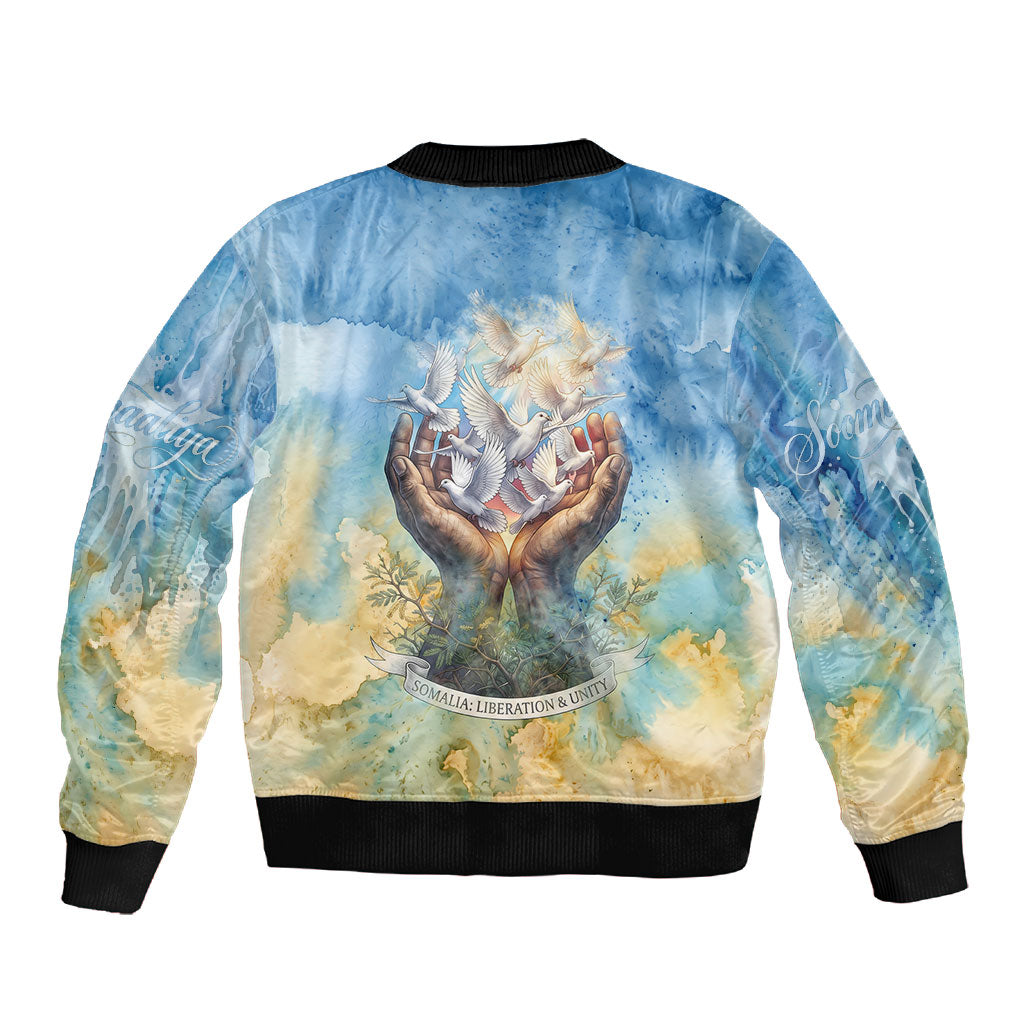 Somalia Liberation Unity Sleeve Zip Bomber Jacket Soomaaliya Script Peace Dove Watercolor