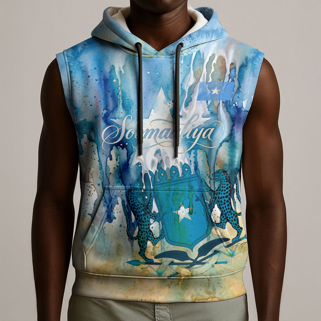 Somalia Liberation Unity Sleeveless Hoodie Soomaaliya Script Peace Dove Watercolor