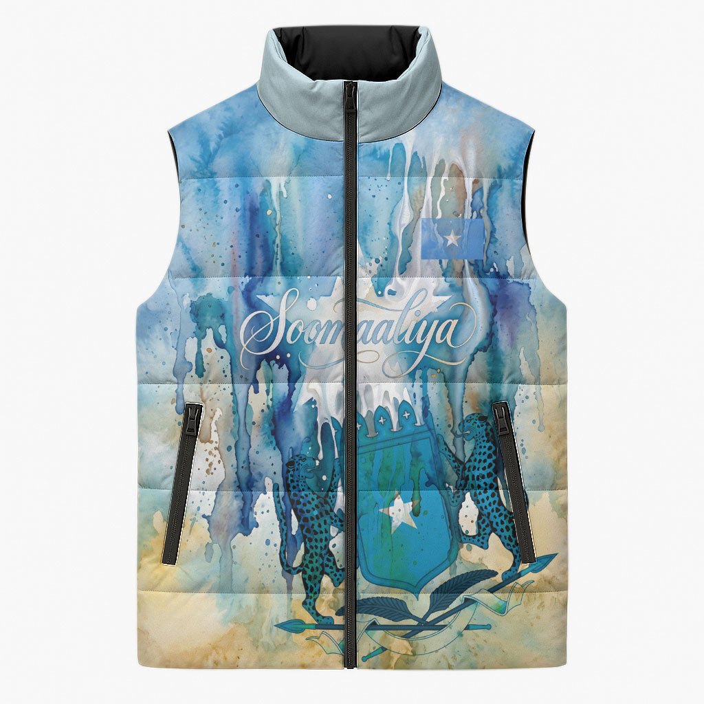 Somalia Liberation Unity Sleeveless Puffer Jacket Soomaaliya Script Peace Dove Watercolor
