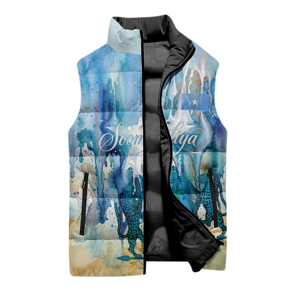 Somalia Liberation Unity Sleeveless Puffer Jacket Soomaaliya Script Peace Dove Watercolor
