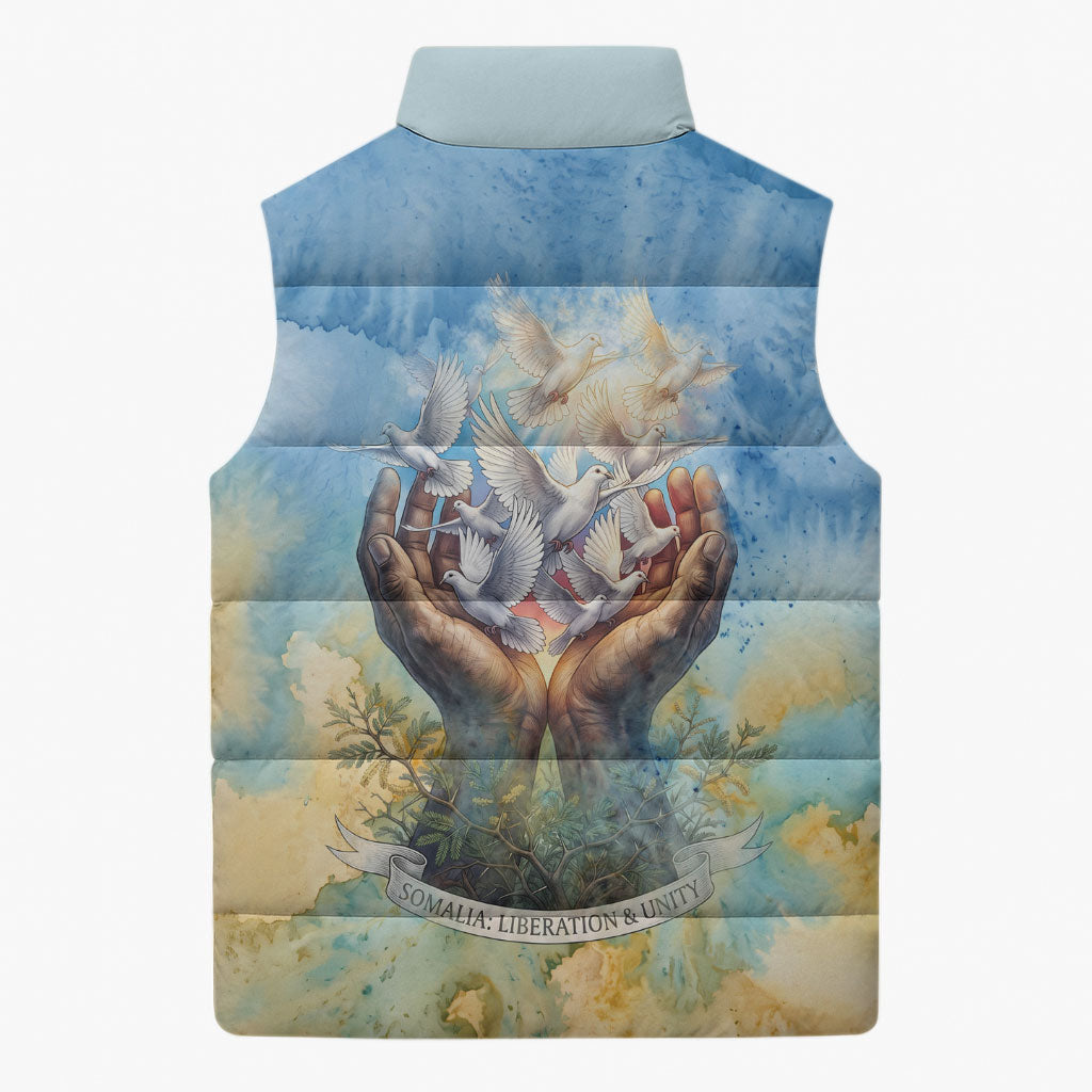 Somalia Liberation Unity Sleeveless Puffer Jacket Soomaaliya Script Peace Dove Watercolor