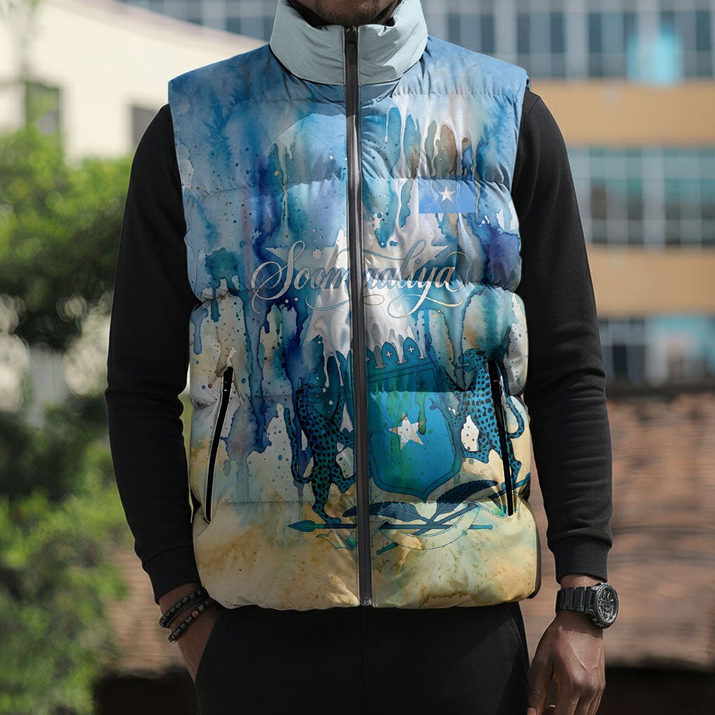 Somalia Liberation Unity Sleeveless Puffer Jacket Soomaaliya Script Peace Dove Watercolor