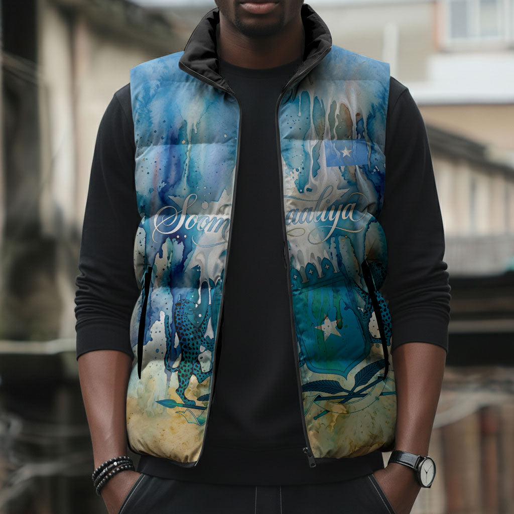 Somalia Liberation Unity Sleeveless Puffer Jacket Soomaaliya Script Peace Dove Watercolor