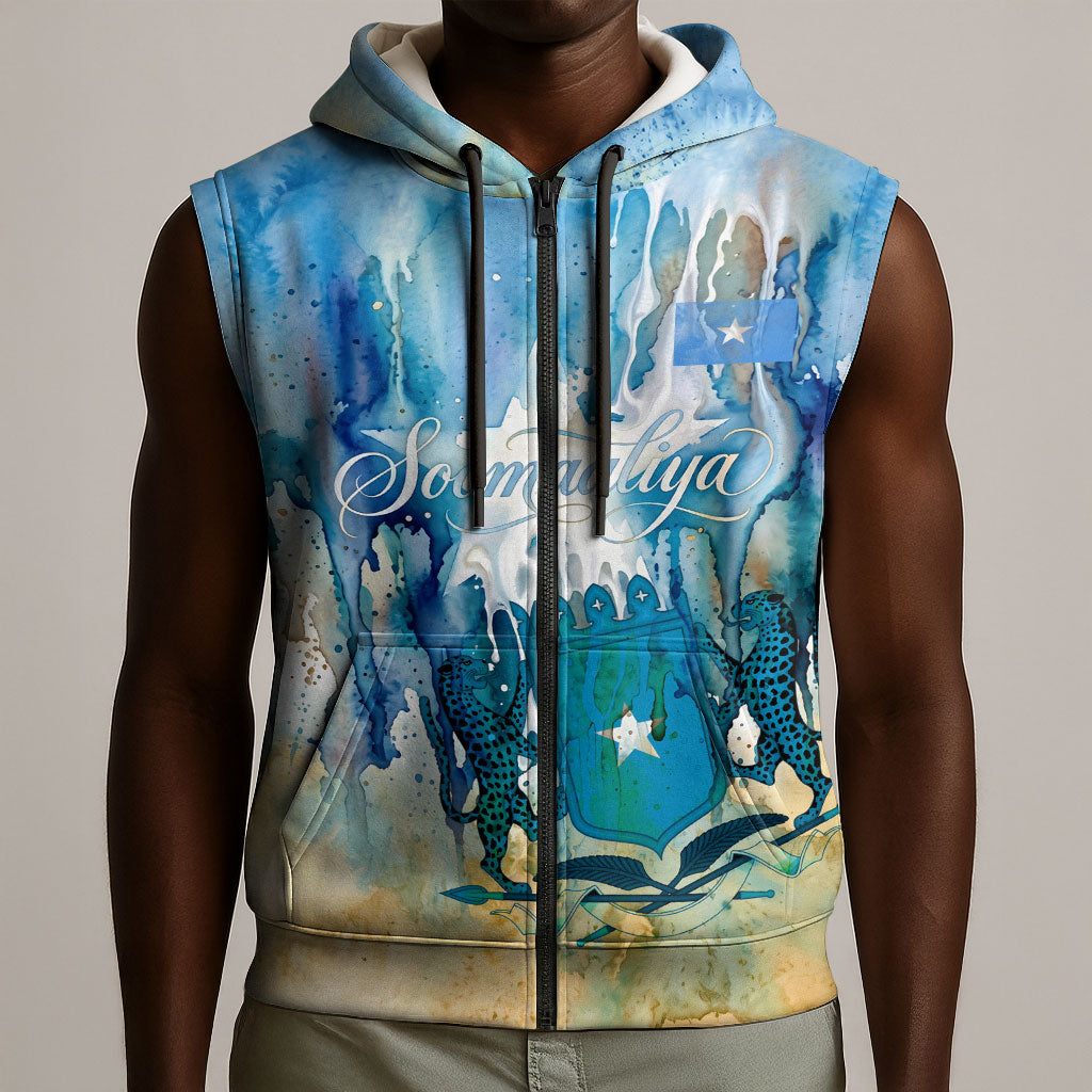 Somalia Liberation Unity Sleeveless Zip Hoodie Soomaaliya Script Peace Dove Watercolor