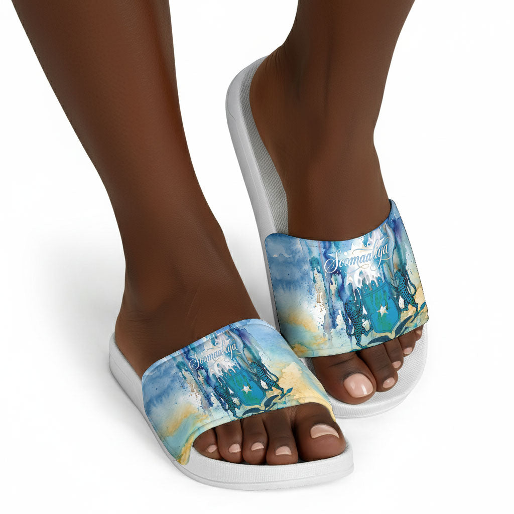 Somalia Liberation Unity Slide Sandals Soomaaliya Script Peace Dove Watercolor