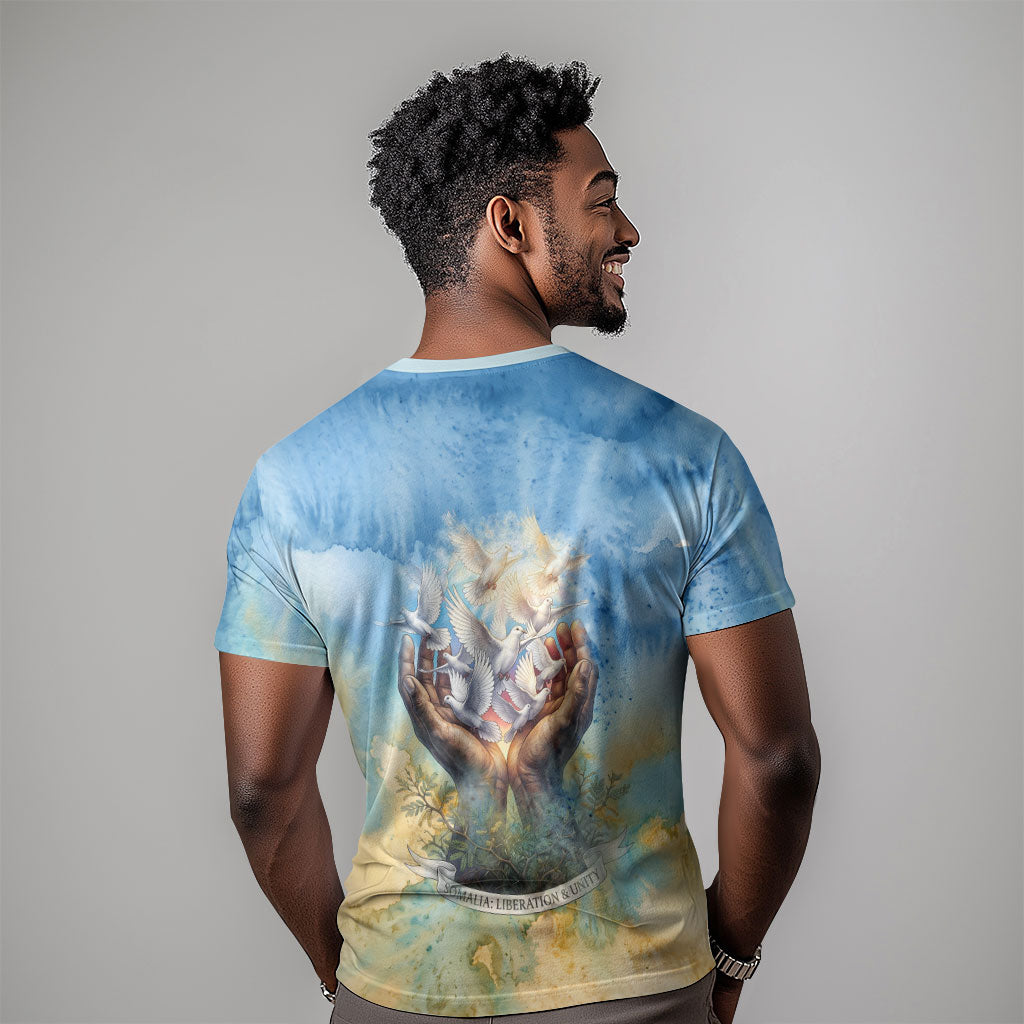 Somalia Liberation Unity T shirt Soomaaliya Script Peace Dove Watercolor