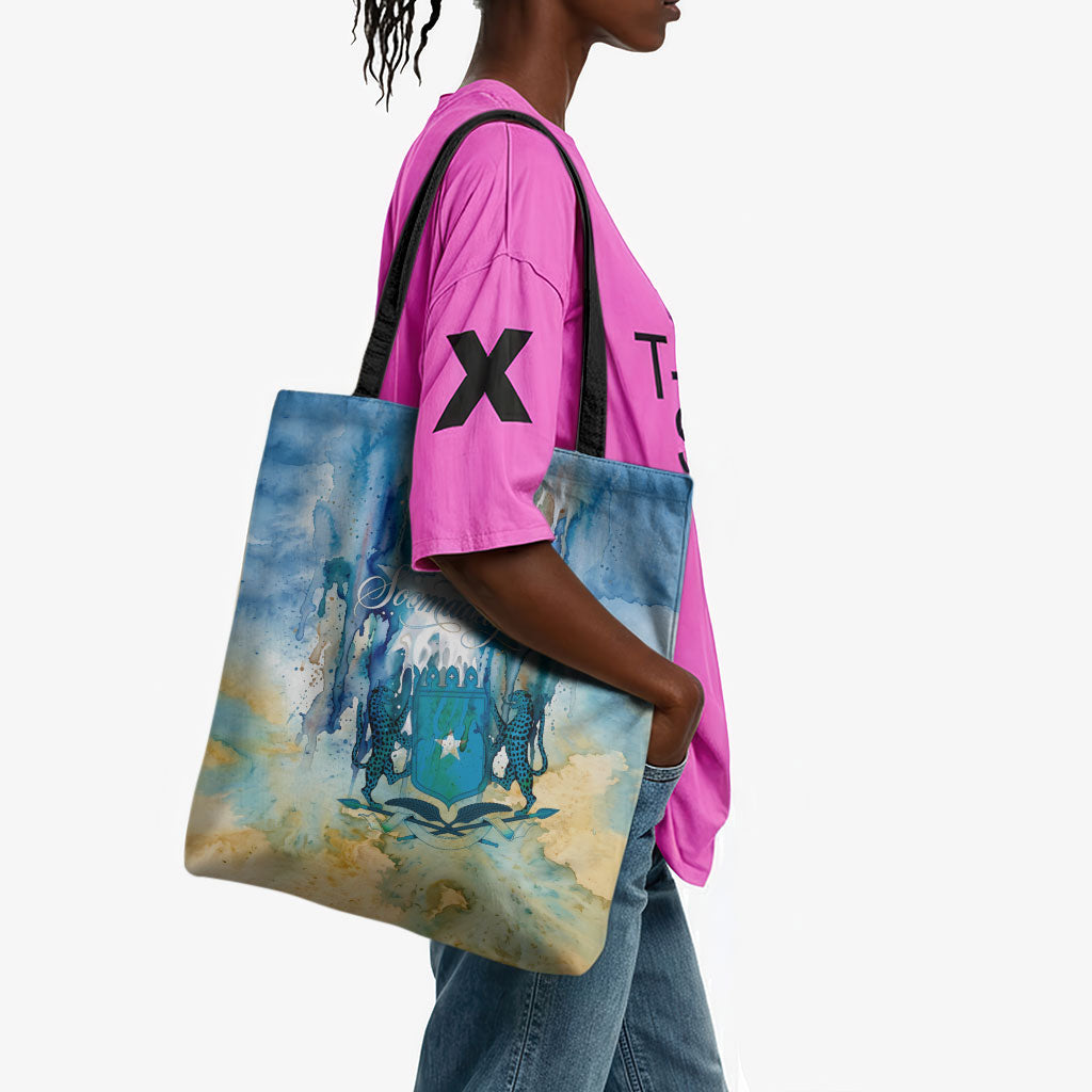 Somalia Liberation Unity Tote Bag Soomaaliya Script Peace Dove Watercolor