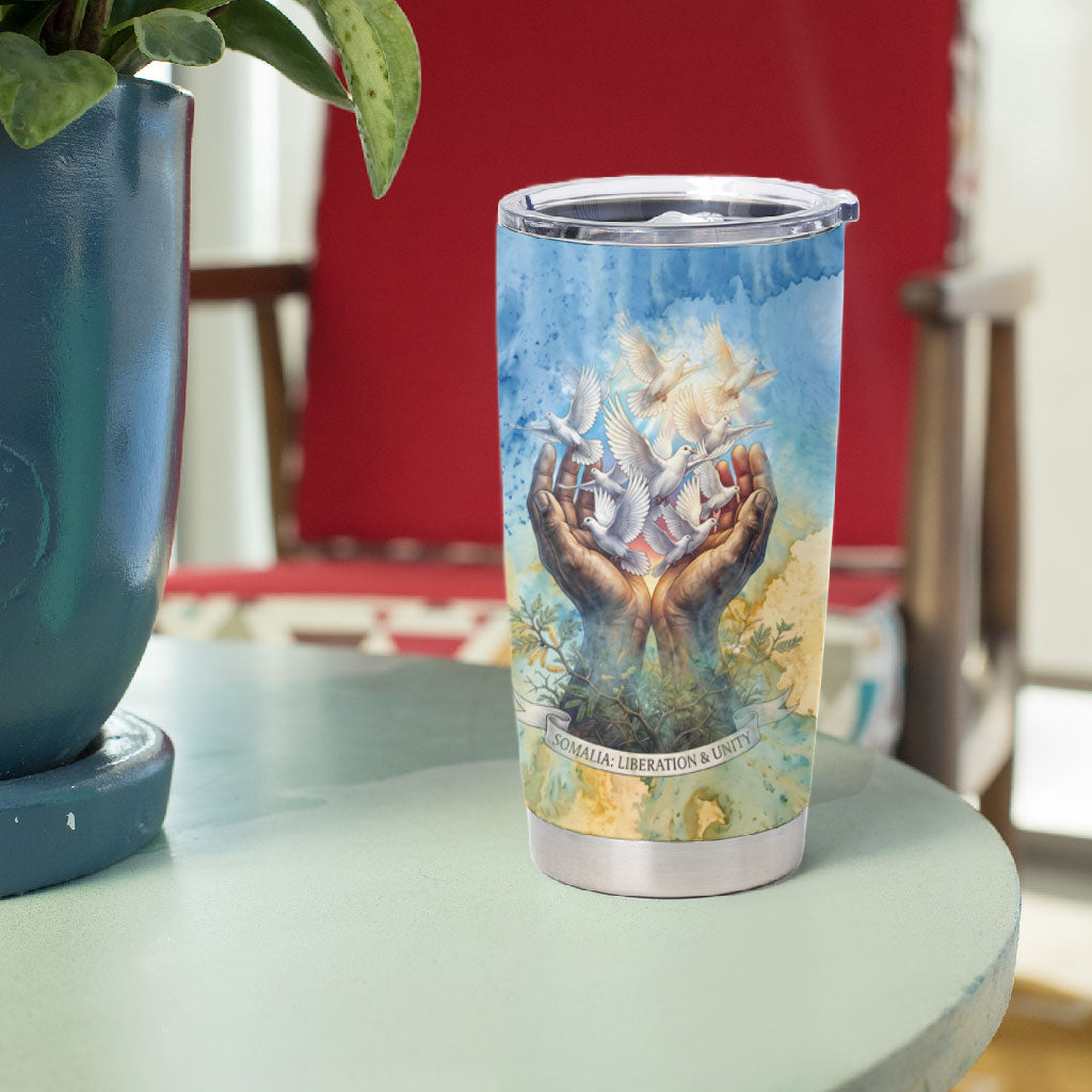 Somalia Liberation Unity Tumbler Cup Soomaaliya Script Peace Dove Watercolor
