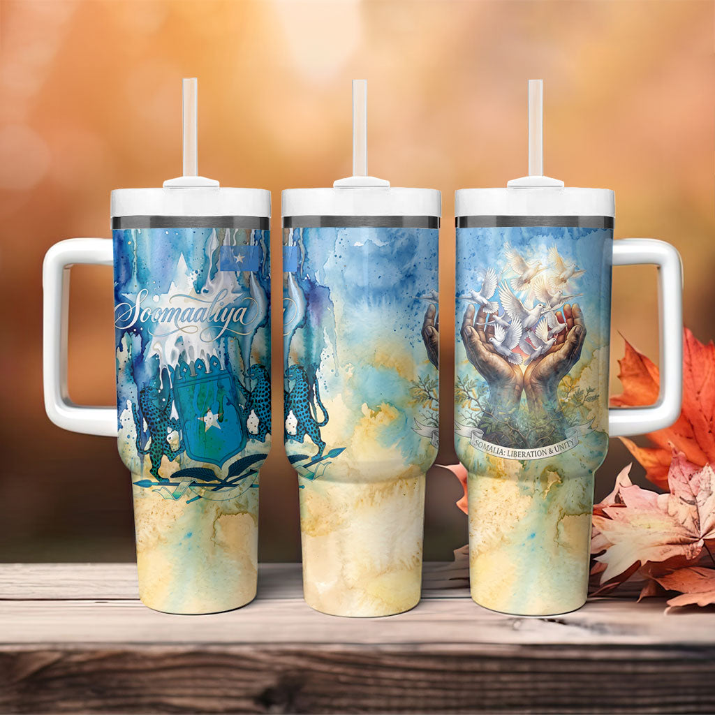 Somalia Liberation Unity Tumbler With Handle Soomaaliya Script Peace Dove Watercolor