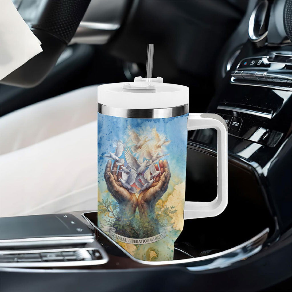 Somalia Liberation Unity Tumbler With Handle Soomaaliya Script Peace Dove Watercolor