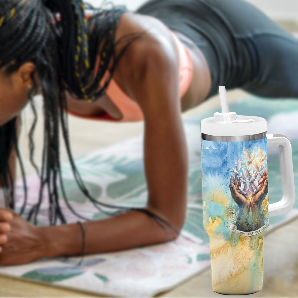 Somalia Liberation Unity Tumbler With Handle Soomaaliya Script Peace Dove Watercolor