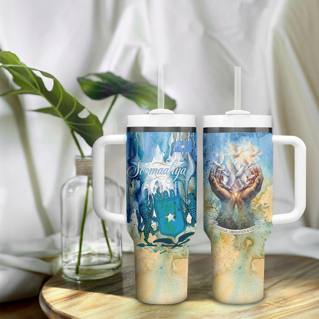 Somalia Liberation Unity Tumbler With Handle Soomaaliya Script Peace Dove Watercolor