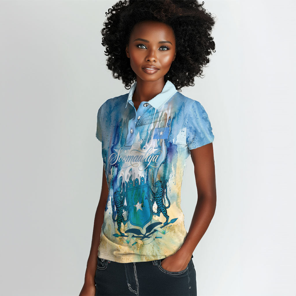 Somalia Liberation Unity Women Polo Shirt Soomaaliya Script Peace Dove Watercolor